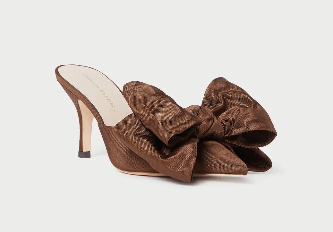 brown heeled mule with bow