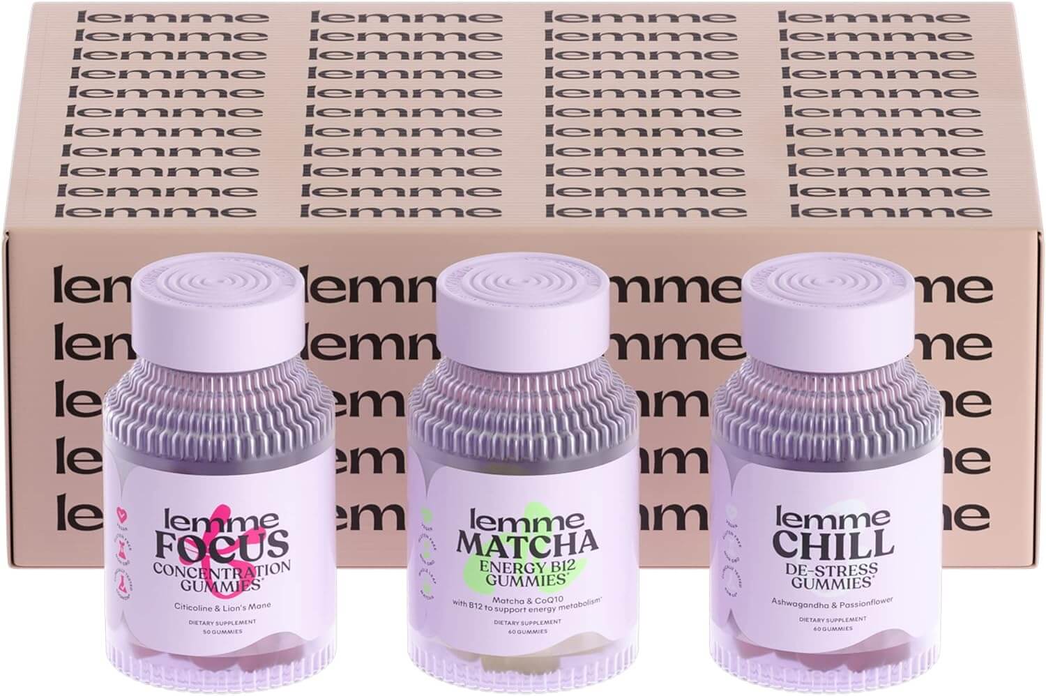 Three bottles of Lemme vitamins in front of box