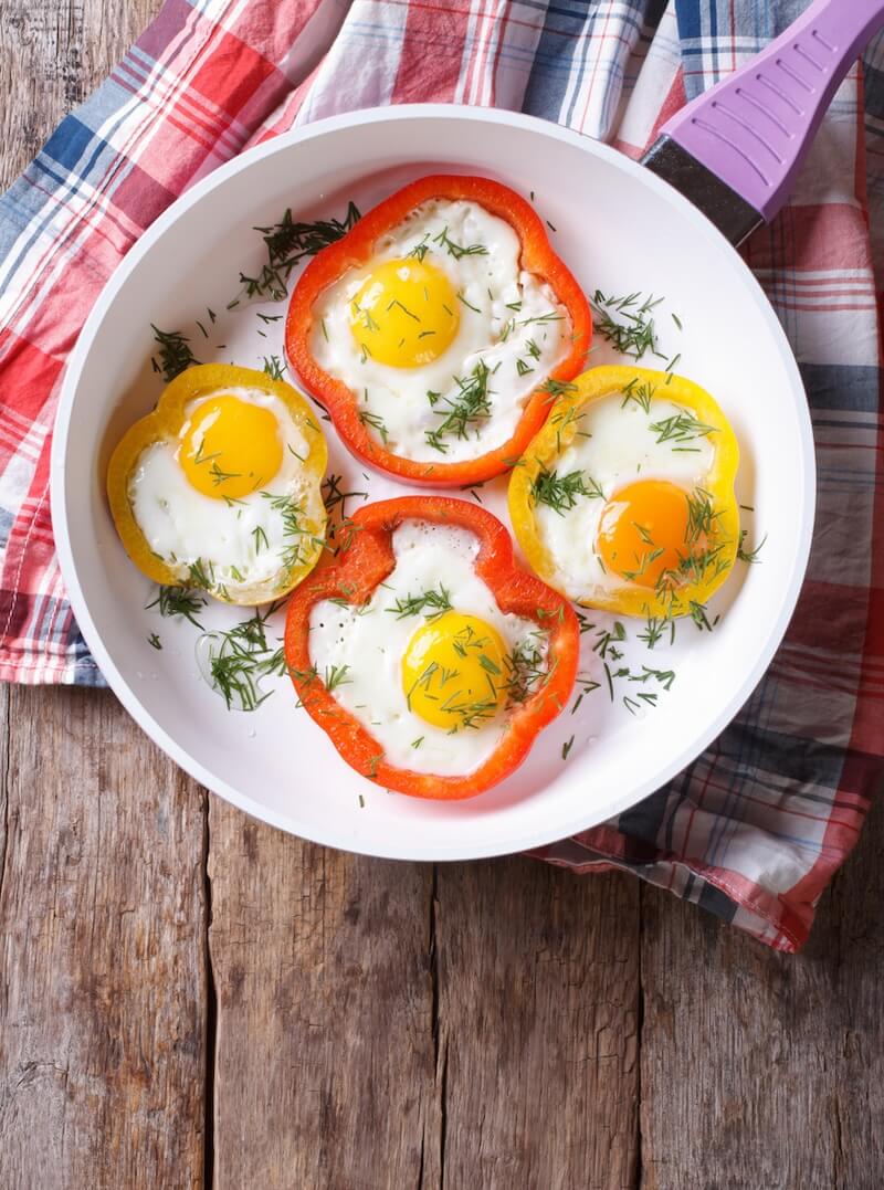 fried eggs with yellow and red peppers in a pan. vertical view from above