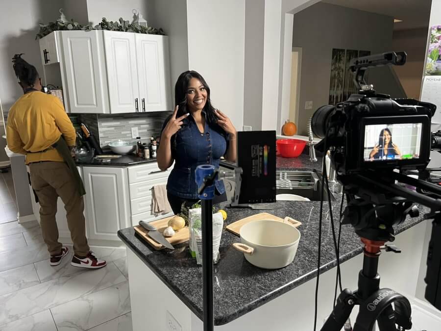 Chef Joya filming in the kitchen
