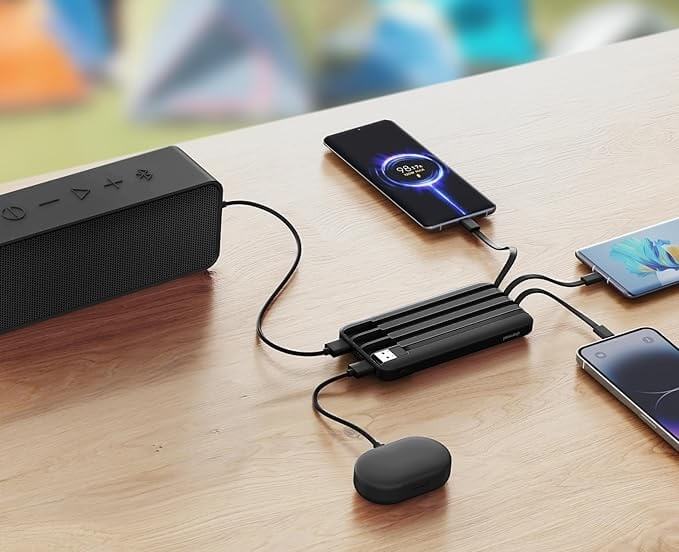 A multi-port charging hub, heralded as one of the best travel accessories, sits on a wooden table, effortlessly powering a speaker, three smartphones, and wireless earbuds.