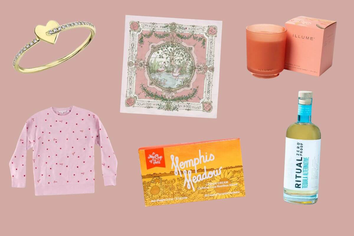 A collage of items: a heart ring, patterned scarf, pink sweatshirt with hearts, "Memphis Meadow" tea pack, orange candle with a box, and a Ritual Zero Proof spirit bottle on a beige background—perfect as Memphis gifts.