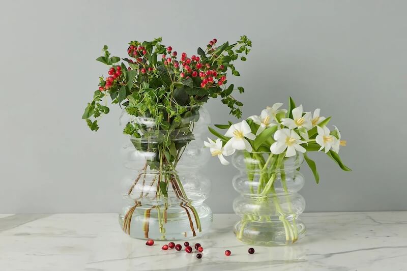 Two transparent vases on a marble surface; a Southern February find, one cradles red-berried greenery while the other showcases white flowers with long leaves.
