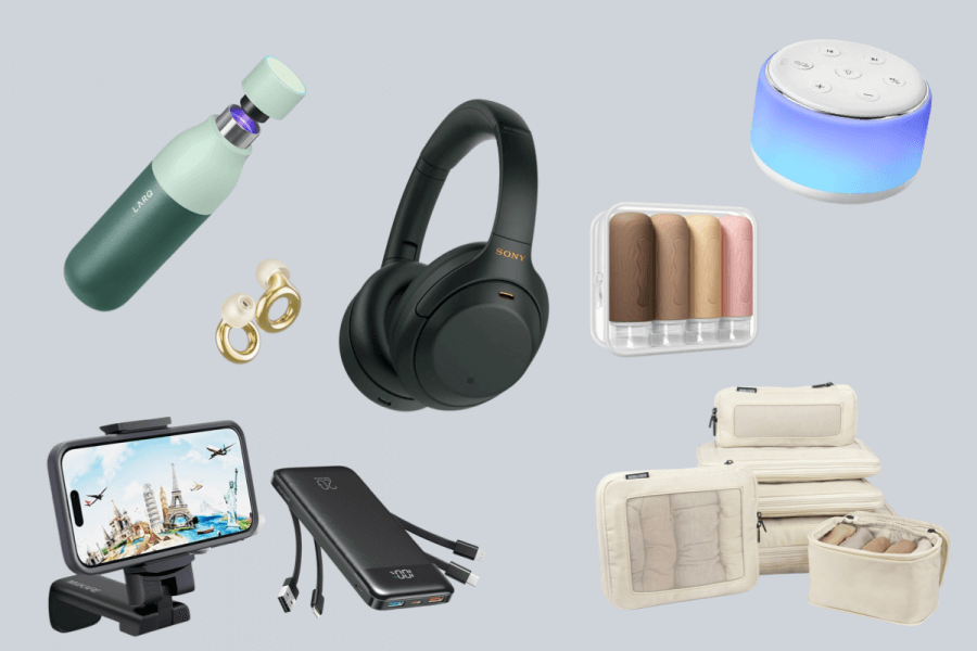 StyleBlueprint's 15 Most Popular Articles of 2025 - 4 A collection of the best travel accessories, including a water bottle, headphones, smart speaker, earbuds, phone holder, power bank, and packing cubes set against a light gray background.