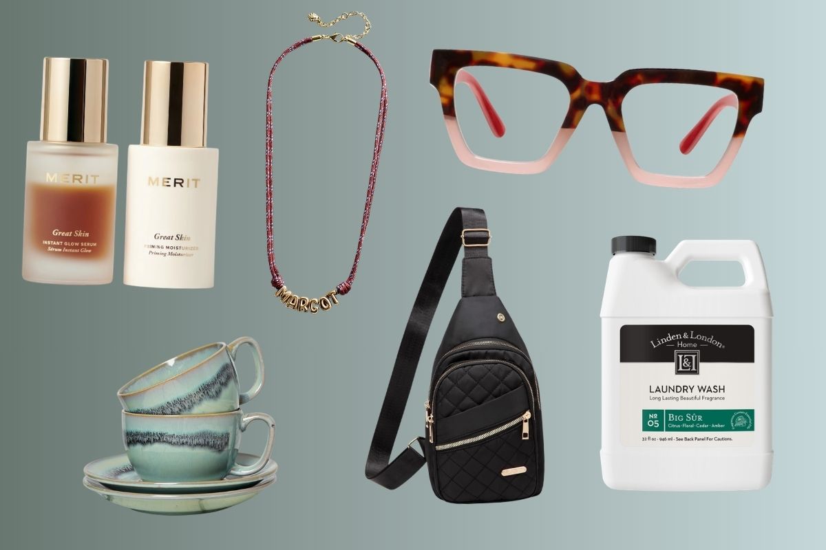 A curated sb hot list march collection featuring skincare bottles, a necklace, eyeglasses, stacked teacups, a crossbody bag, and a jug of laundry wash—all elegantly displayed on a gray background.