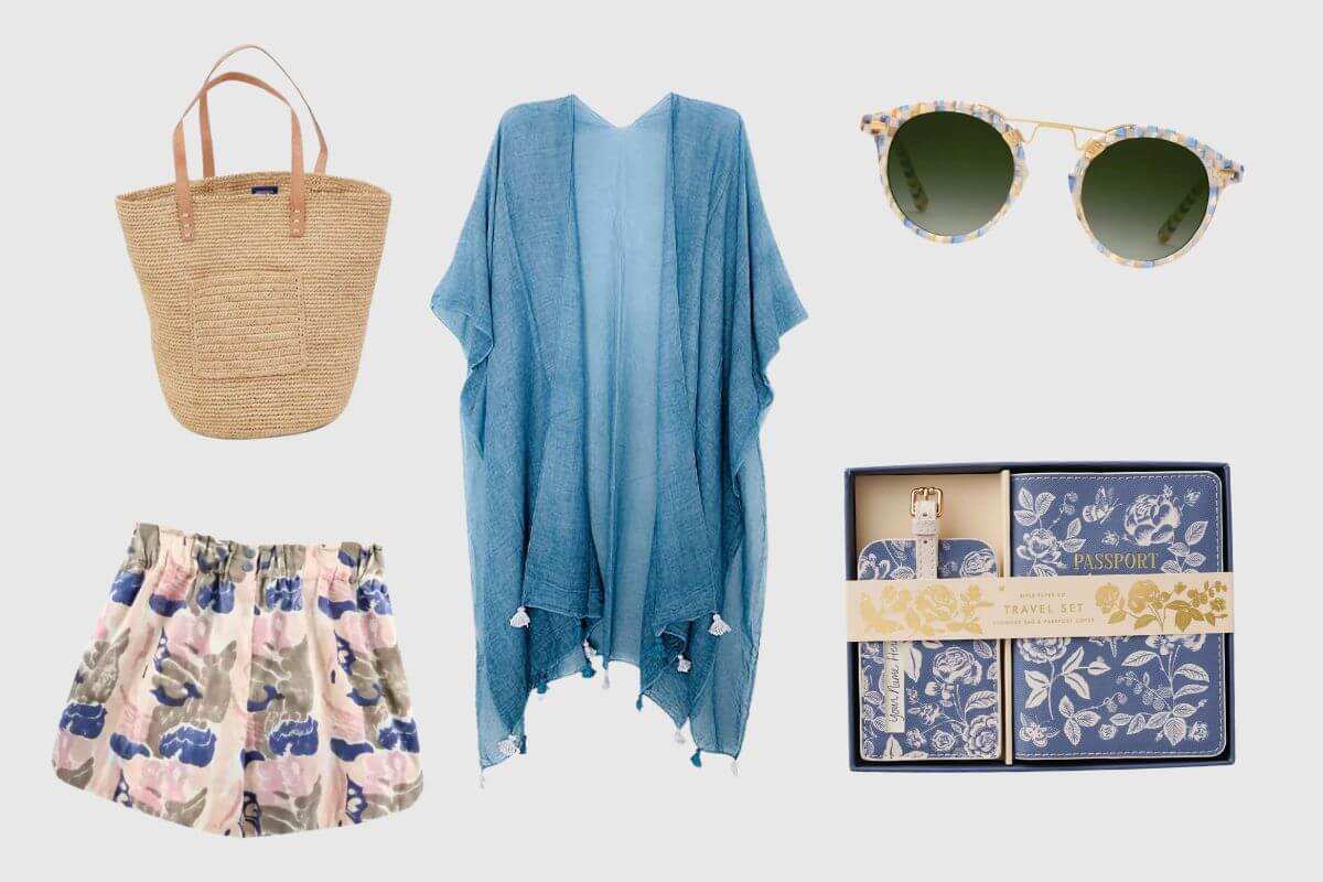 Discover the Memphis FINDS collection, showcasing a straw tote bag, blue shawl, floral shorts, and sunglasses. Complete your journey with a stylish blue floral travel set, including a passport holder and luggage tag. Embrace March vibes with every chic accessory.