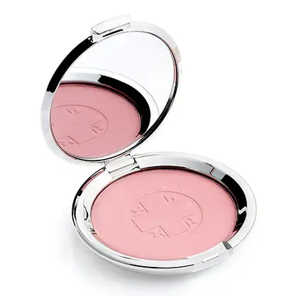 Open compact with pink blush and a mirror.