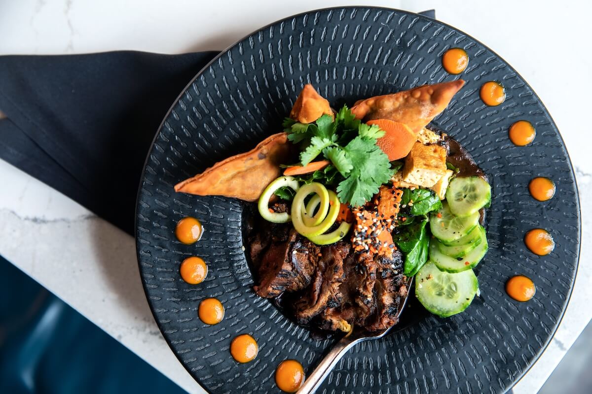 Plate of food with fork.