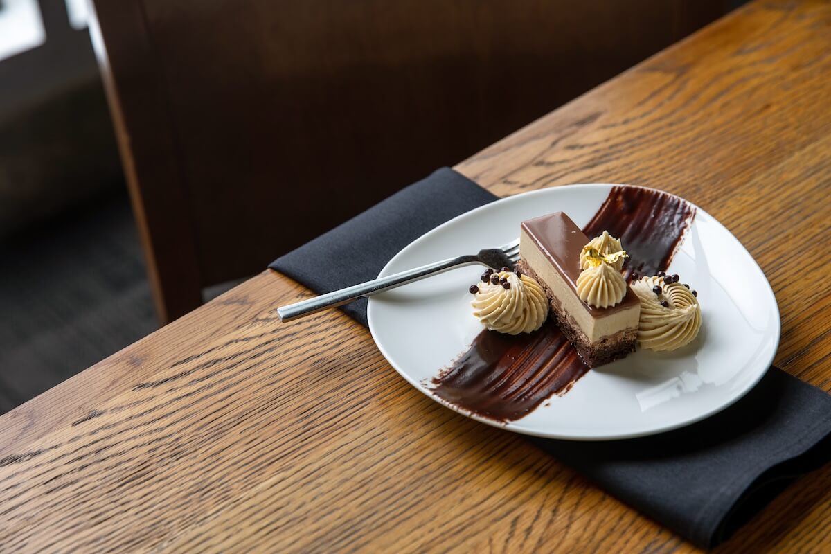 Plated chocolate cake.