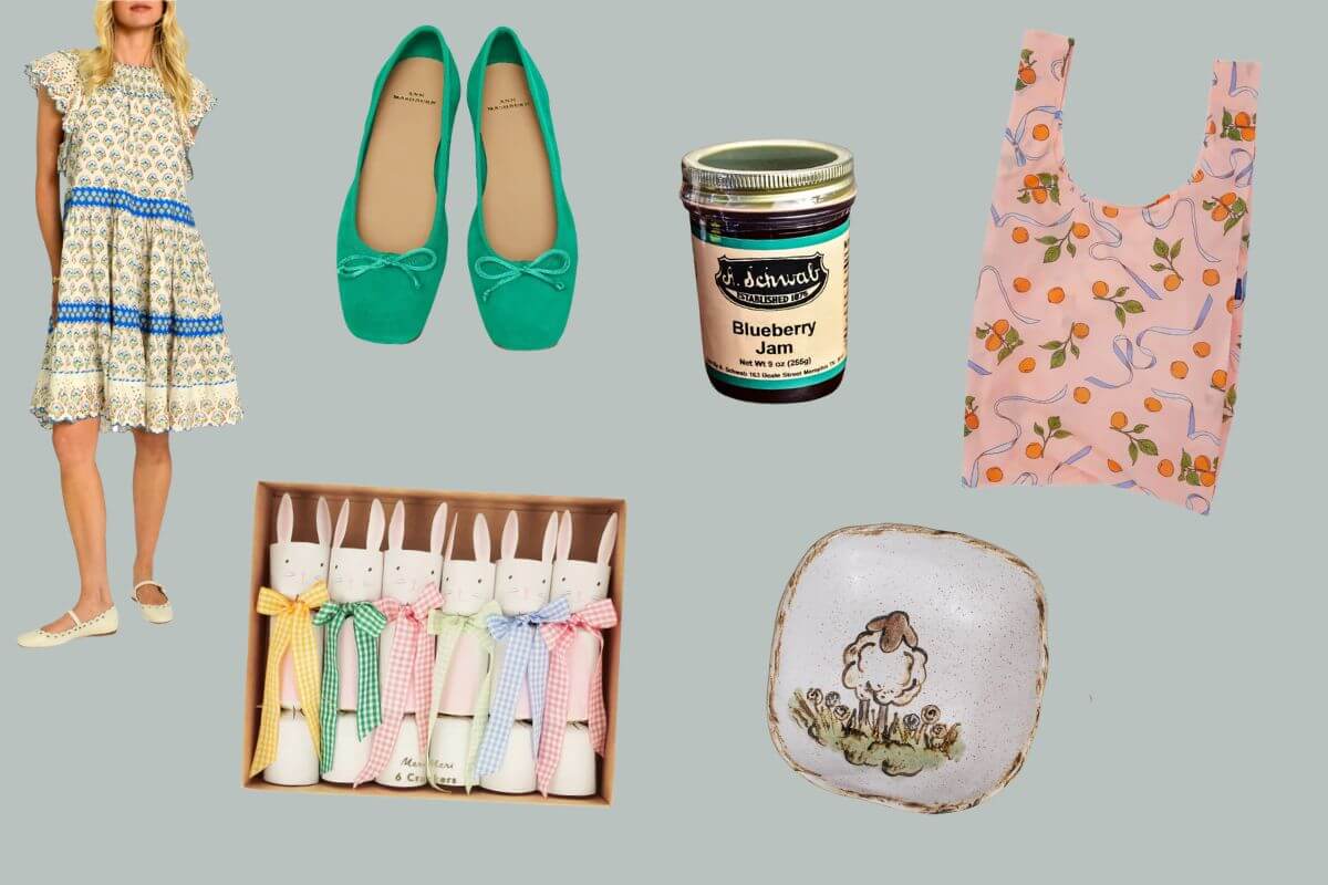 A Memphis FINDS collage showcases a dress, green shoes, blueberry jam, a floral tote, rabbit napkins, and a decorative sheep plate on a pale background—April's curated treasures delightfully styled.