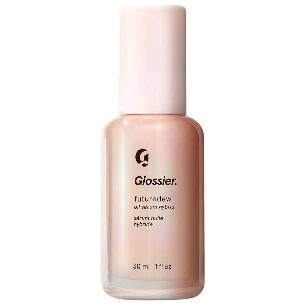 A bottle of Glossier Futuredew oil serum hybrid, showcased against a white background.