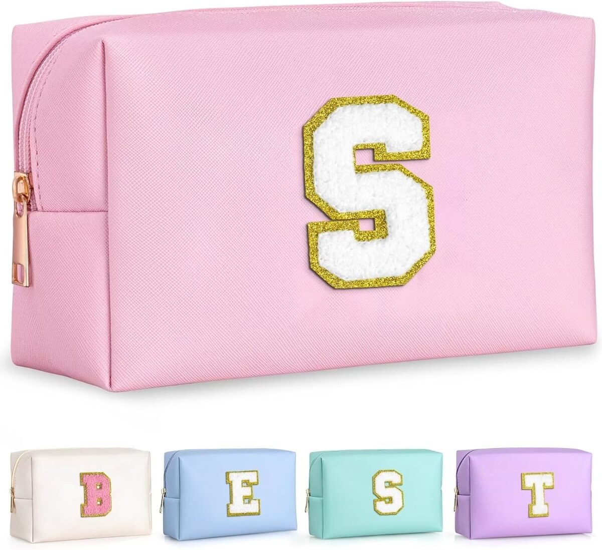 Pink cosmetic bag with a white and gold letter 's' on the front, displayed alongside smaller images of similar bags in white, blue, yellow, and purple with letters 'b', 'e', 's', 't'.