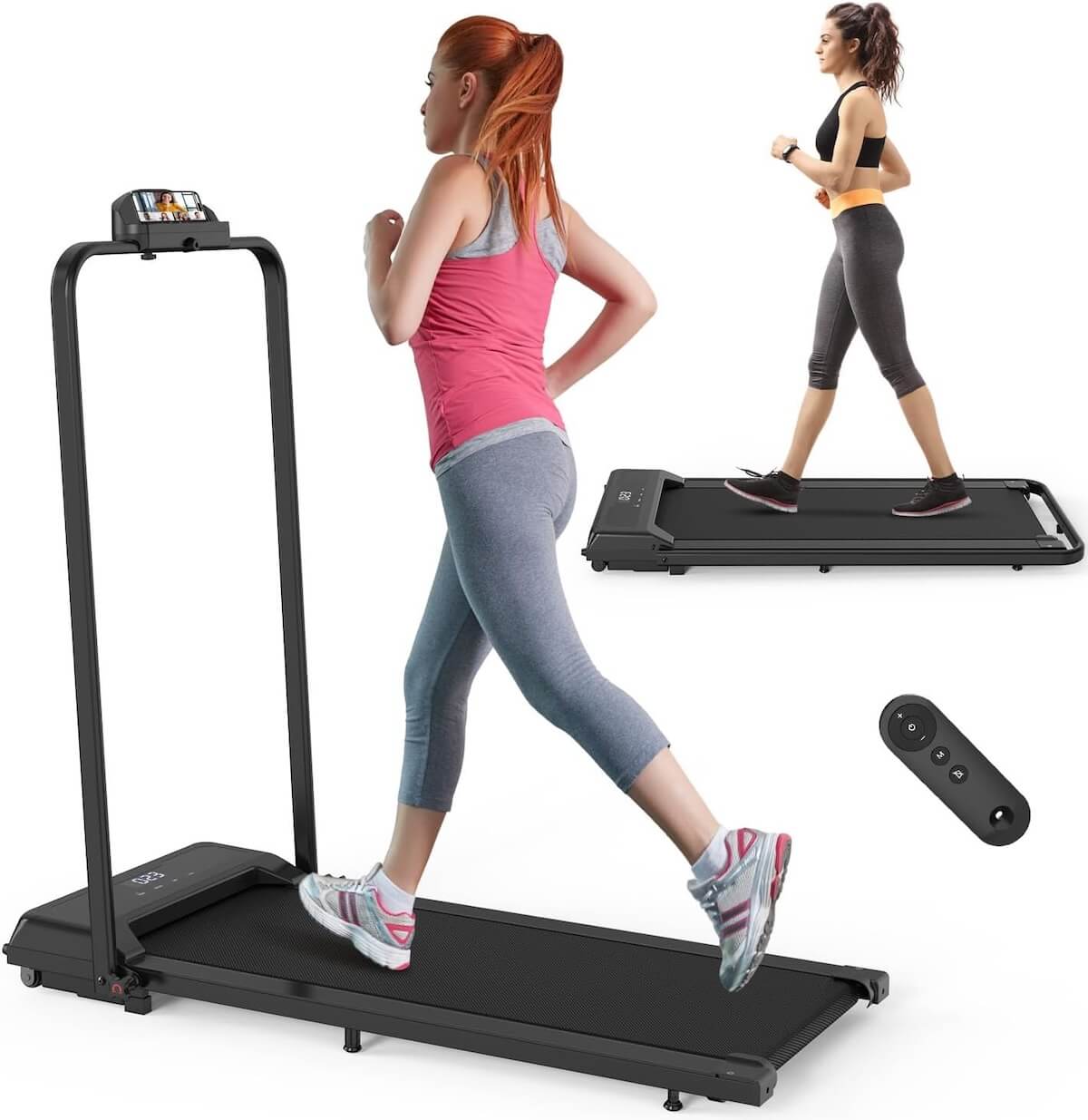Two women jogging on compact treadmills in an indoor setting, with one treadmill displaying speed on a monitor.