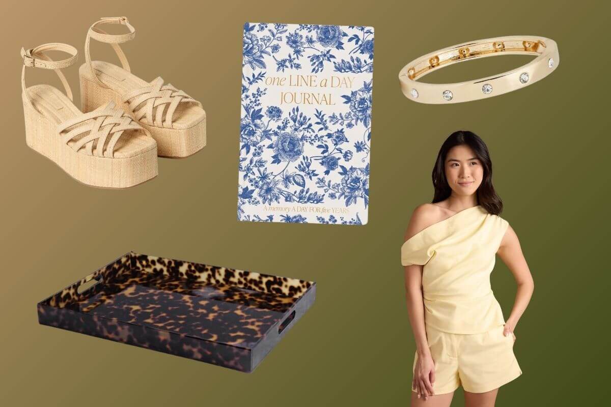 Memphis FINDS May: Collage of five items—platform sandals, a floral journal, a gold bracelet with stones, a tortoiseshell tray, and a woman in a pale yellow one-shoulder outfit.