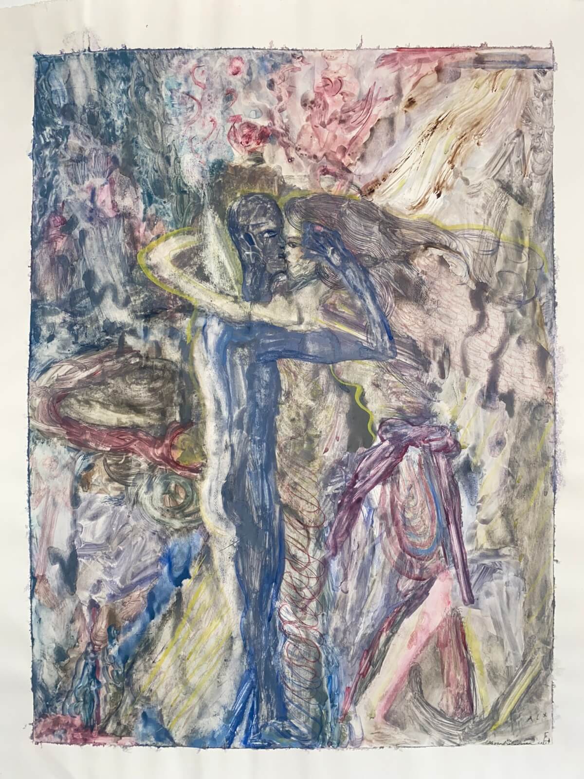 5 Local Experiences Every Memphian Should Try - 13 A painting depicting a blue-toned figure embracing a lighter-toned figure against a textured, abstract background with various colors and shapes.
