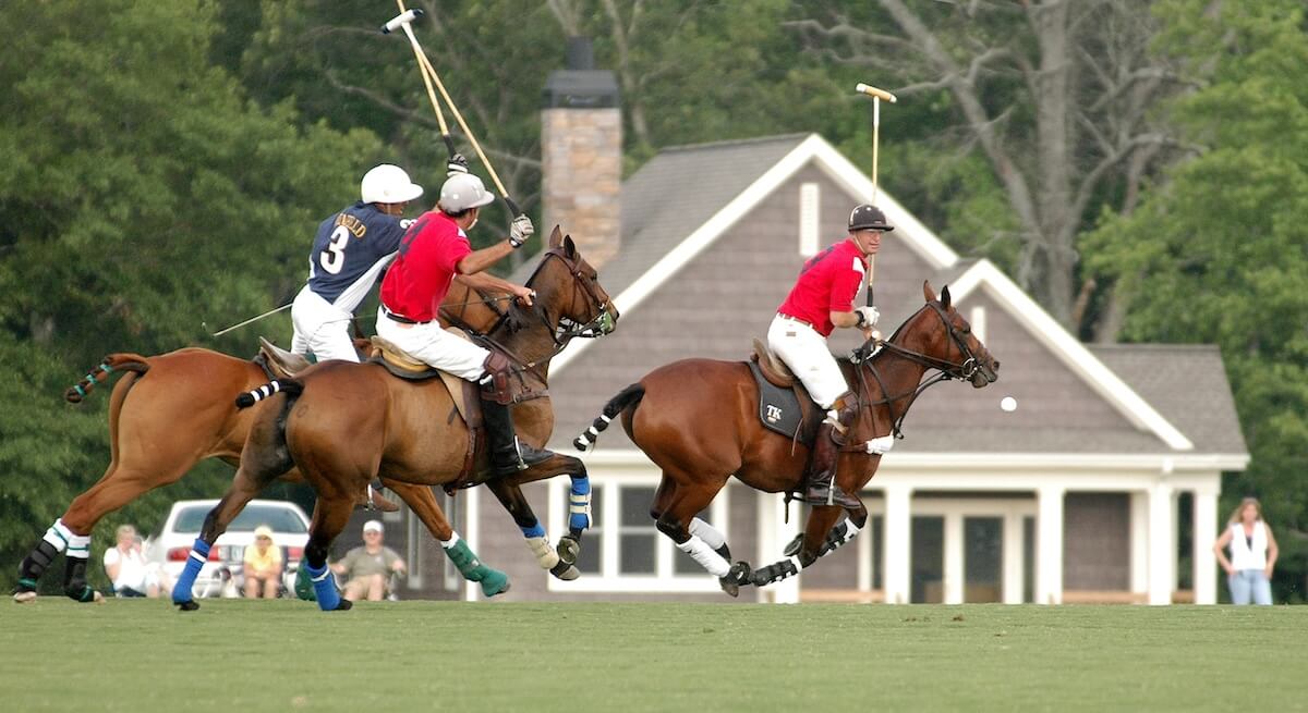 Four polo players on horseback in action during a match, with one player striking the ball, set against a background of spectators and a building.