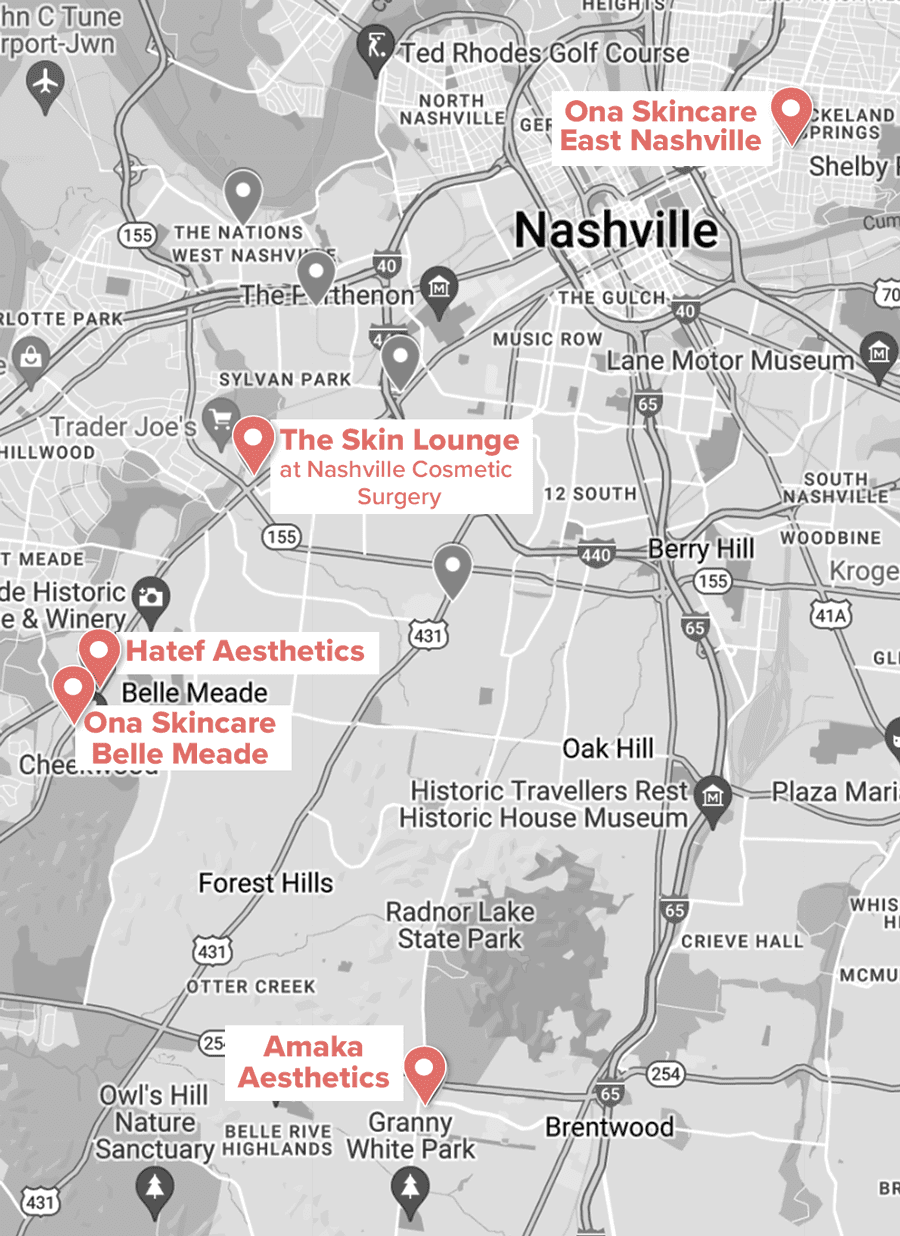 Map of Nashville highlighting The Top Med Spas in Nashville, with locations of Ona Skincare, The Skin Lounge, Hatef Aesthetics, and Amaka Aesthetics marked by red pins.
