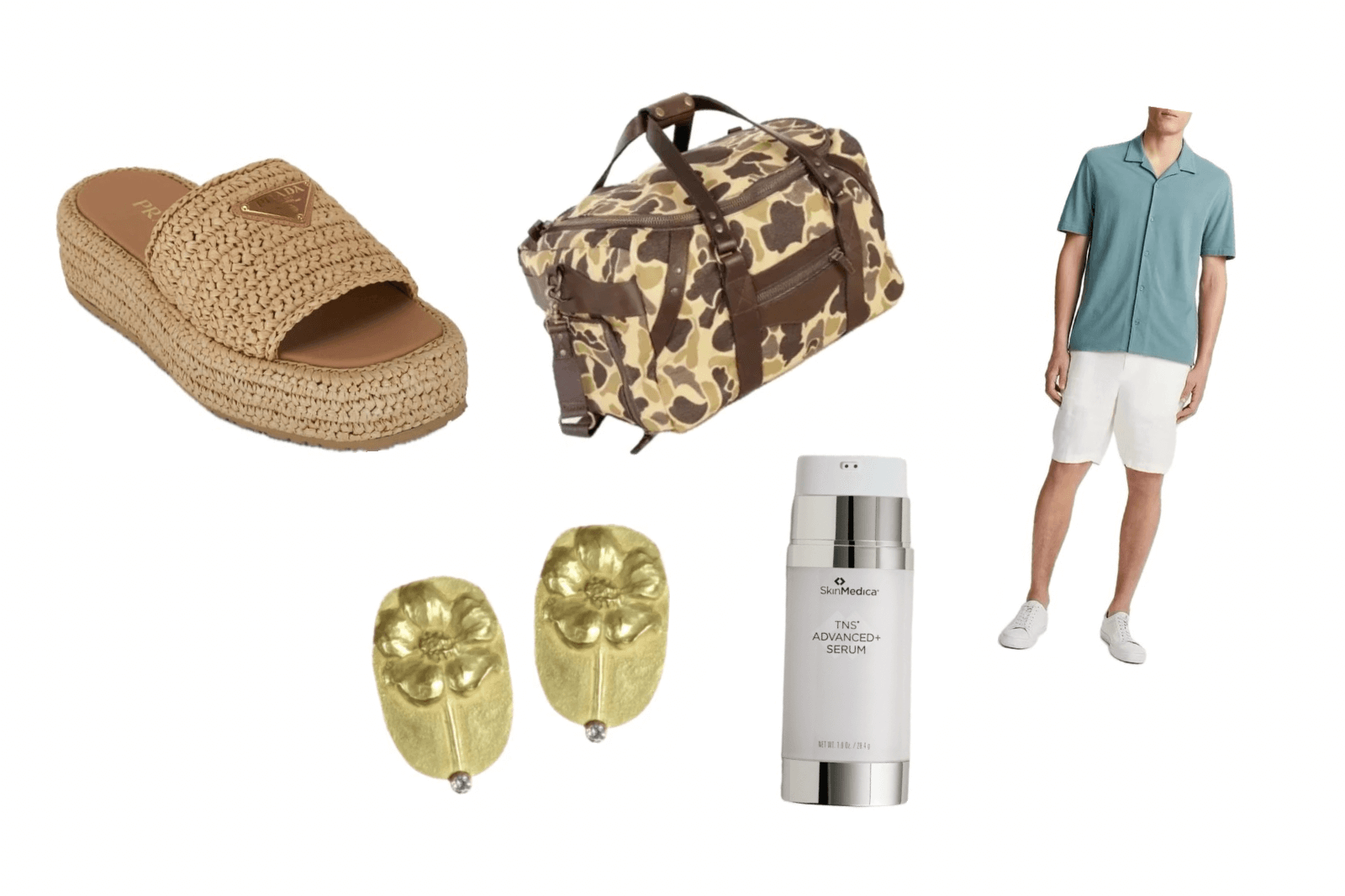 An arrangement of products including beige wedge sandals, a camouflage duffle bag, a green polo shirt with white shorts, gold flower-shaped earrings, and a bottle of skin serum, perfect for those searching for expensive gift ideas.