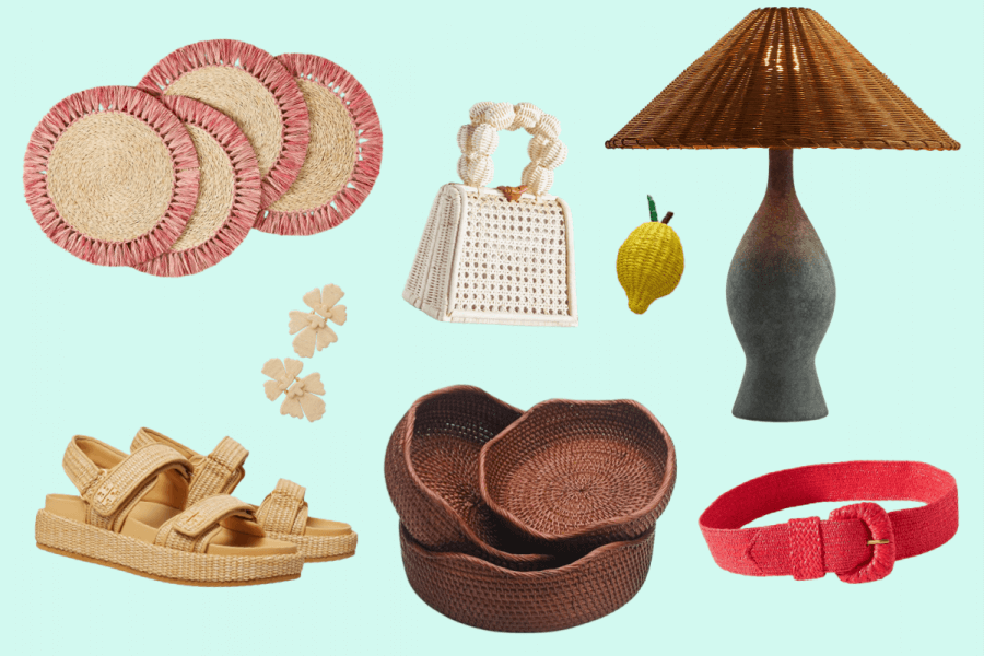 Assorted items including straw coasters, a rattan woven bag, flower earrings, a woven lamp, a lemon ornament, woven sandals, brown woven baskets, and a red belt against a light blue background.