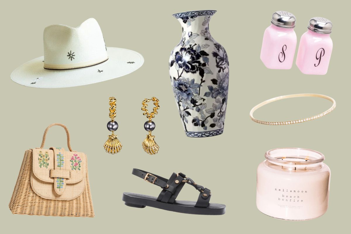 A collage showcases Nashville luxe loves: a white cowboy hat, blue floral vase, pink salt and pepper shakers, gold earrings, a gold bangle, woven handbag, black sandals, and a candle.