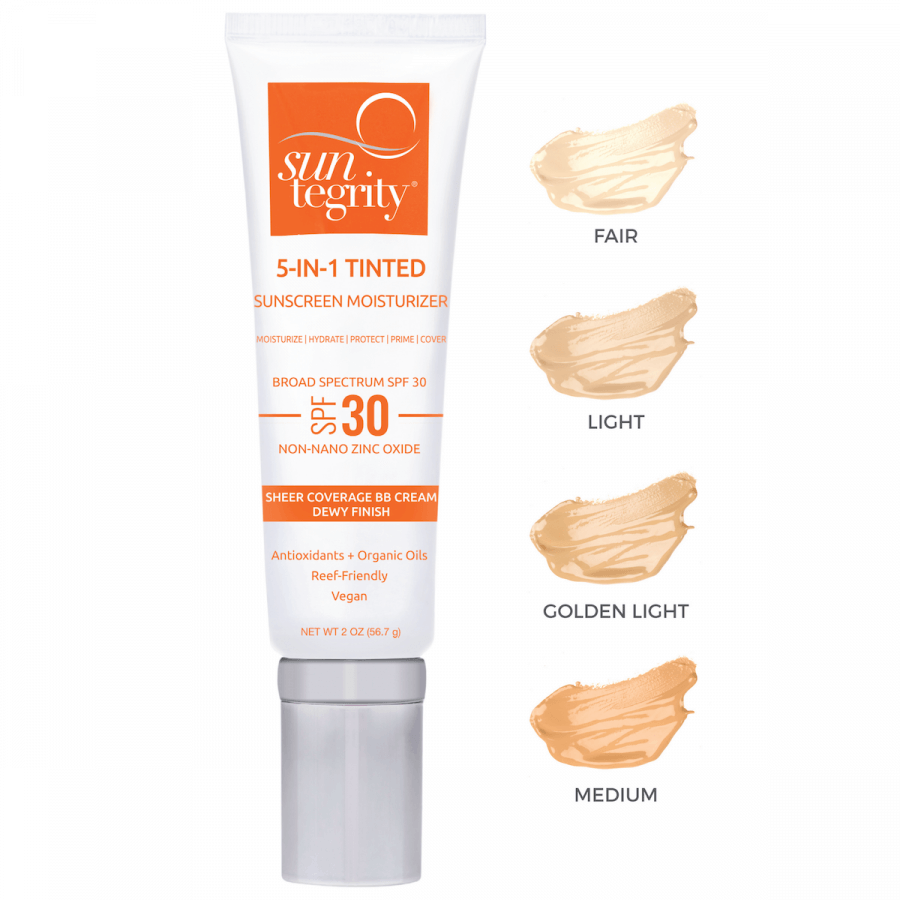 A tube of Suntegrity 5-in-1 Tinted Sunscreen Moisturizer SPF 30 is shown alongside swatches of four summer FINDS shades: fair, light, golden light, and medium.