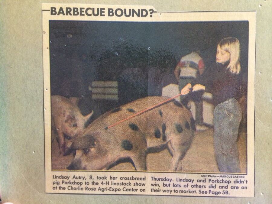 A young girl guides a crossbreed pig with a stick at a livestock show. The headline reads "Barbecue Bound?" and the caption discusses the pig's performance at the event, mentioning Chef Lindsay Autry's interest in prime livestock for her renowned Southern cuisine.