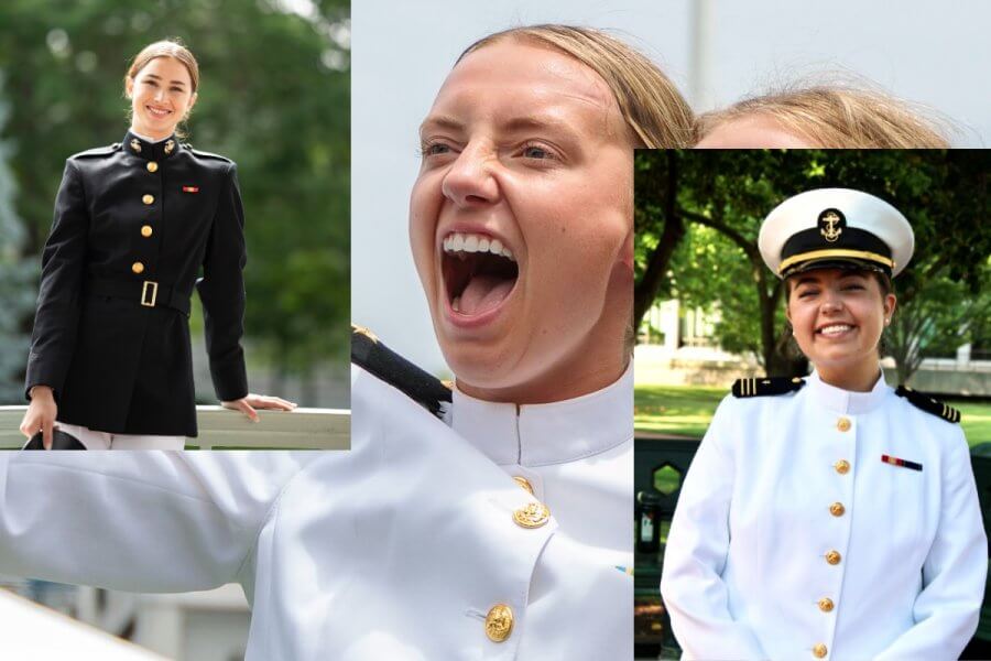 Three images of young individuals in naval academy and marine corps uniforms. One is standing formally, another is mid-exclamation, and the third smiles in a white naval academy uniform with a peaked cap.