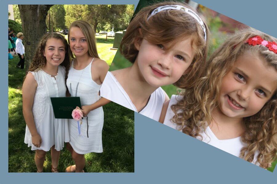 Reese and Leelee standing outdoors in white dresses, one holding a diploma and flower, celebrating their graduation from middle school at Harpeth Hall. The right image shows Annie and Reese when they were younger.