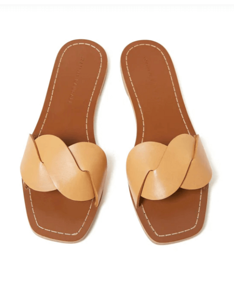 17 Birmingham FINDS Perfect for Summer - 4 A pair of tan leather slide sandals, perfect for summer, featuring a square open-toe design and intertwined strap detail.