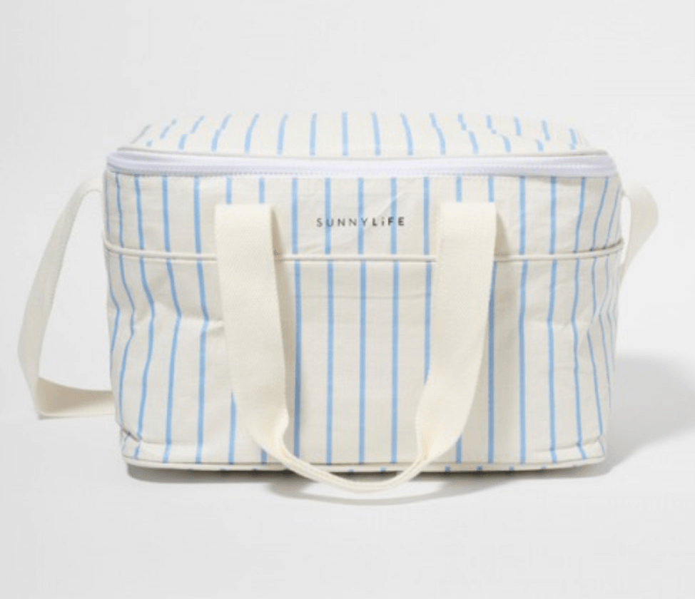 17 Birmingham FINDS Perfect for Summer - 17 A white and blue striped insulated cooler bag with white handles and a zipper, labeled "SUNNYLiFE." Perfect for your summer adventures.