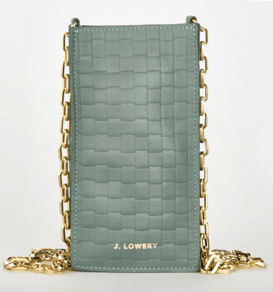 17 Birmingham FINDS Perfect for Summer - 8 A green, woven-texture, rectangular handbag with a gold chain strap and the name "J. LOWERY" on the front.