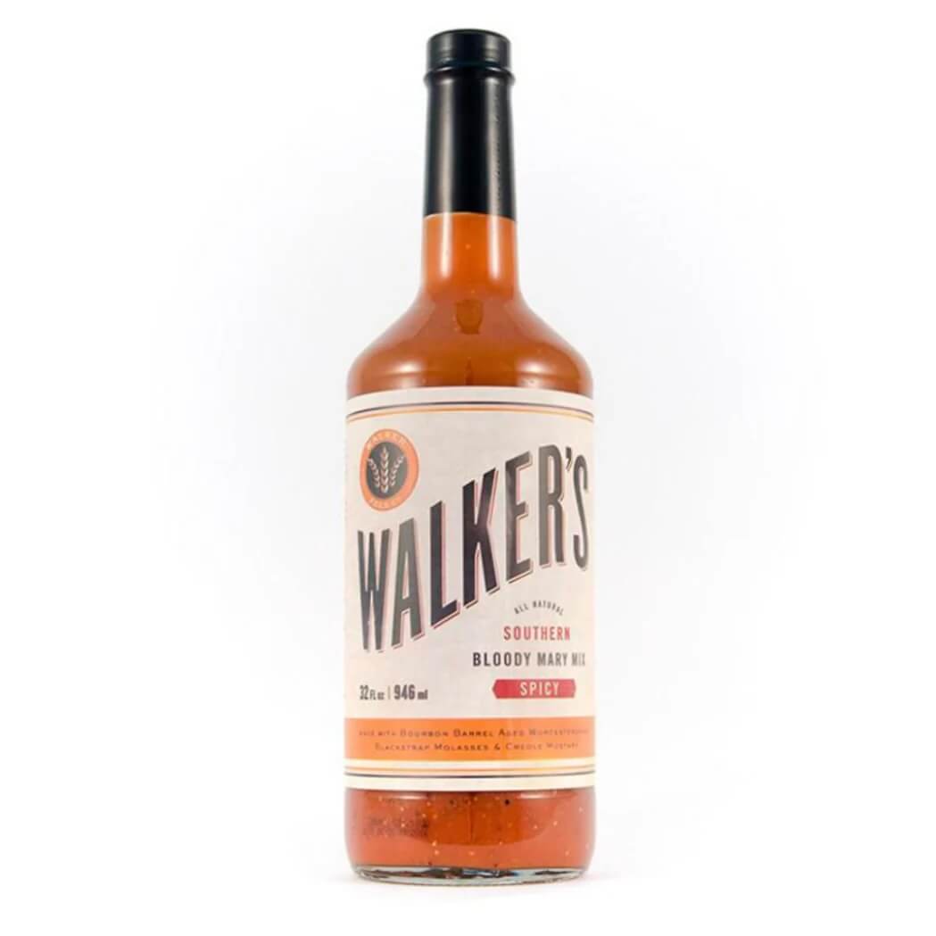 A 32-ounce bottle of Walker's Southern Bloody Mary Mix labeled as spicy. The bottle features a tantalizing red liquid inside and a sleek black cap. This unique mix is sure to elevate your cocktail experience.
