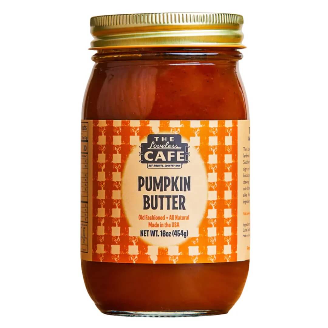 A jar of pumpkin butter with an orange checkered label, perfectly capturing the essence of October. Made in Nashville, USA, net weight 16oz (454g). A delightful addition to your seasonal FINDS!