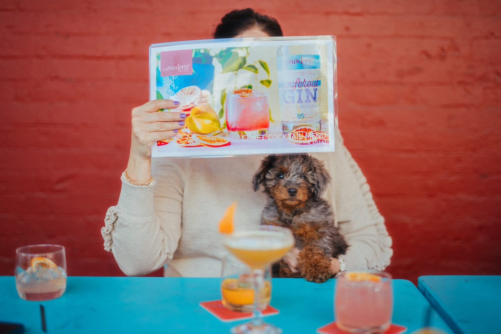 Woman holding a menu in front of her face while sitting with a puppy at a restaurant. They are in front of a colorful wall.