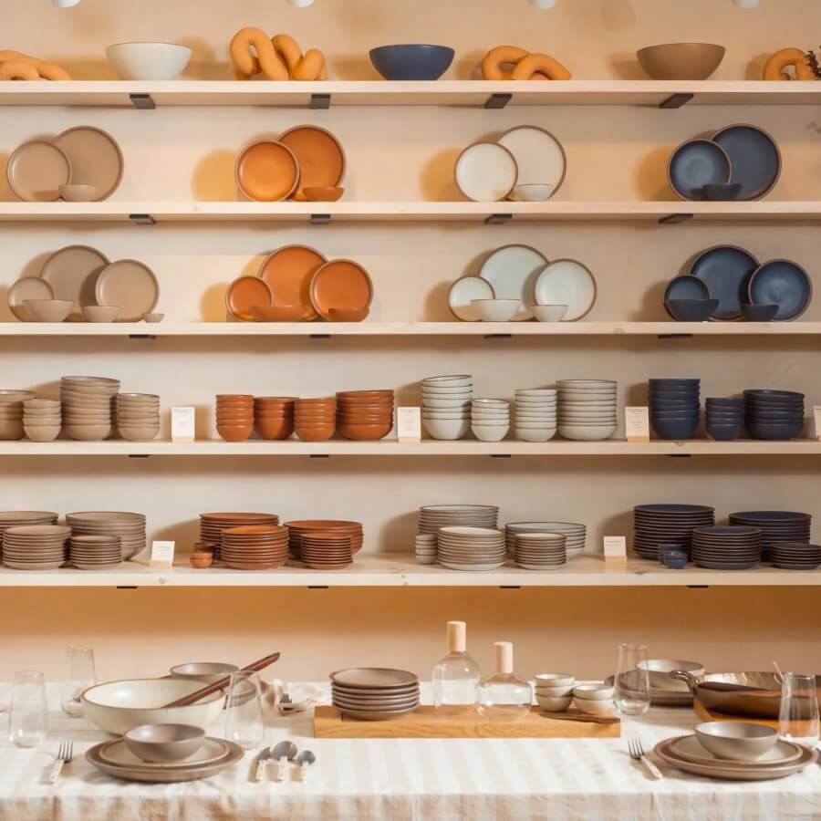 Wooden shelves displaying neatly arranged East Fork Pottery in various colors including beige, orange, white, and blue. A table in the foreground holds additional dishes, glassware, and utensils.