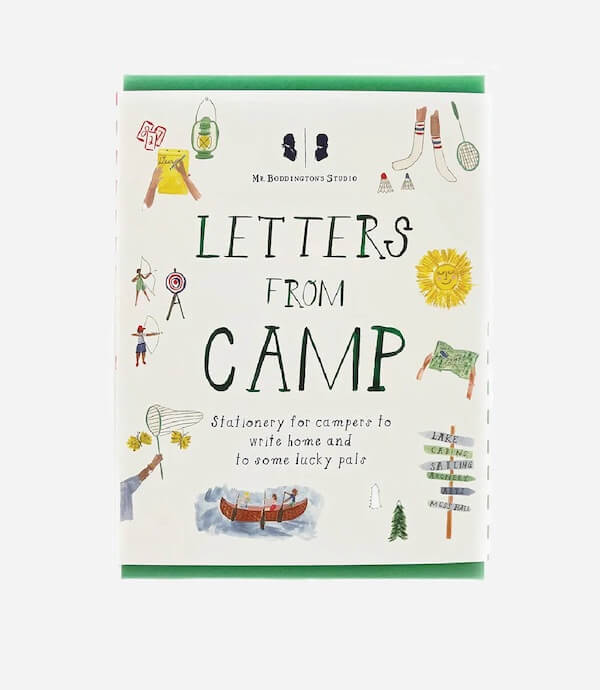 A fun FINDS stationery set titled “Letters from Camp,” featuring camp-inspired illustrations like a canoe, tent, and sports equipment on the cover.