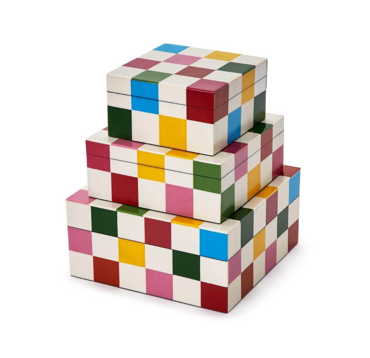 Three nested rectangular boxes with multicolored checkered patterns in pink, green, yellow, blue, and white—a quintessential August find for any Memphis enthusiast.