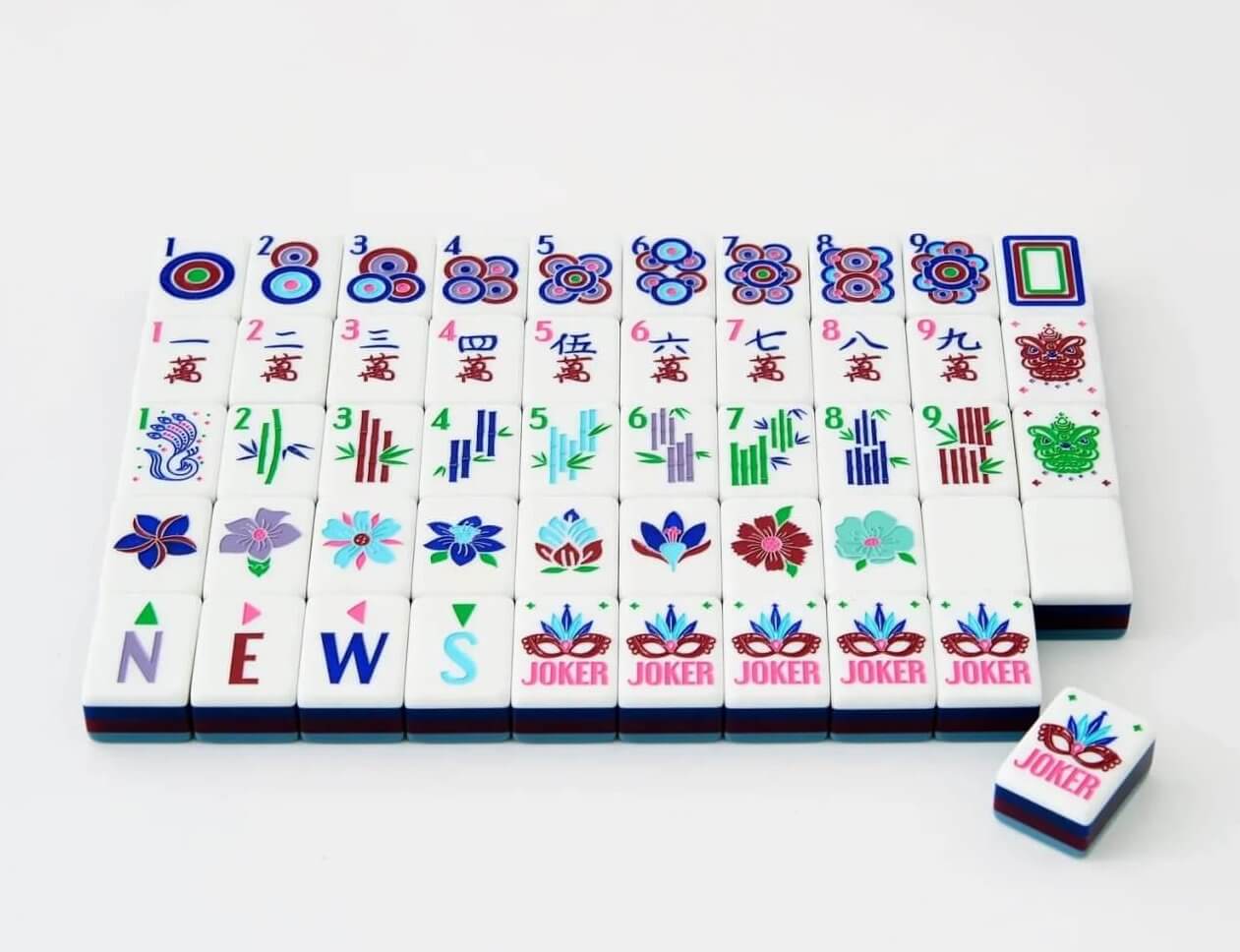 A set of colorful Mahjong tiles arranged in a row, including number tiles, wind direction tiles, flower tiles, and Joker tiles, with one Joker tile laid in front of the row.