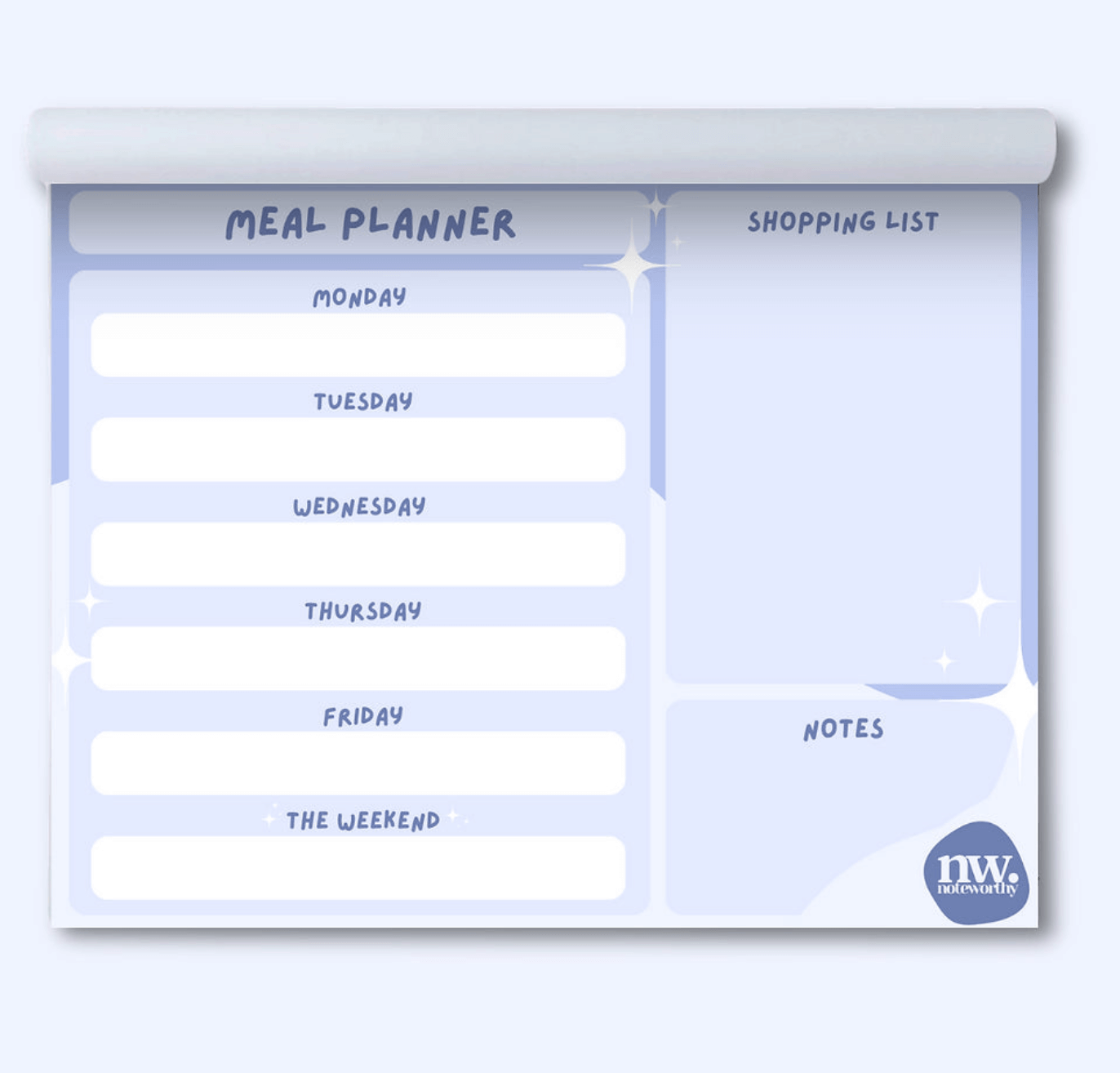 Image of a blank meal planner with days of the week labeled from Monday to the weekend, and sections for a shopping list and notes. 