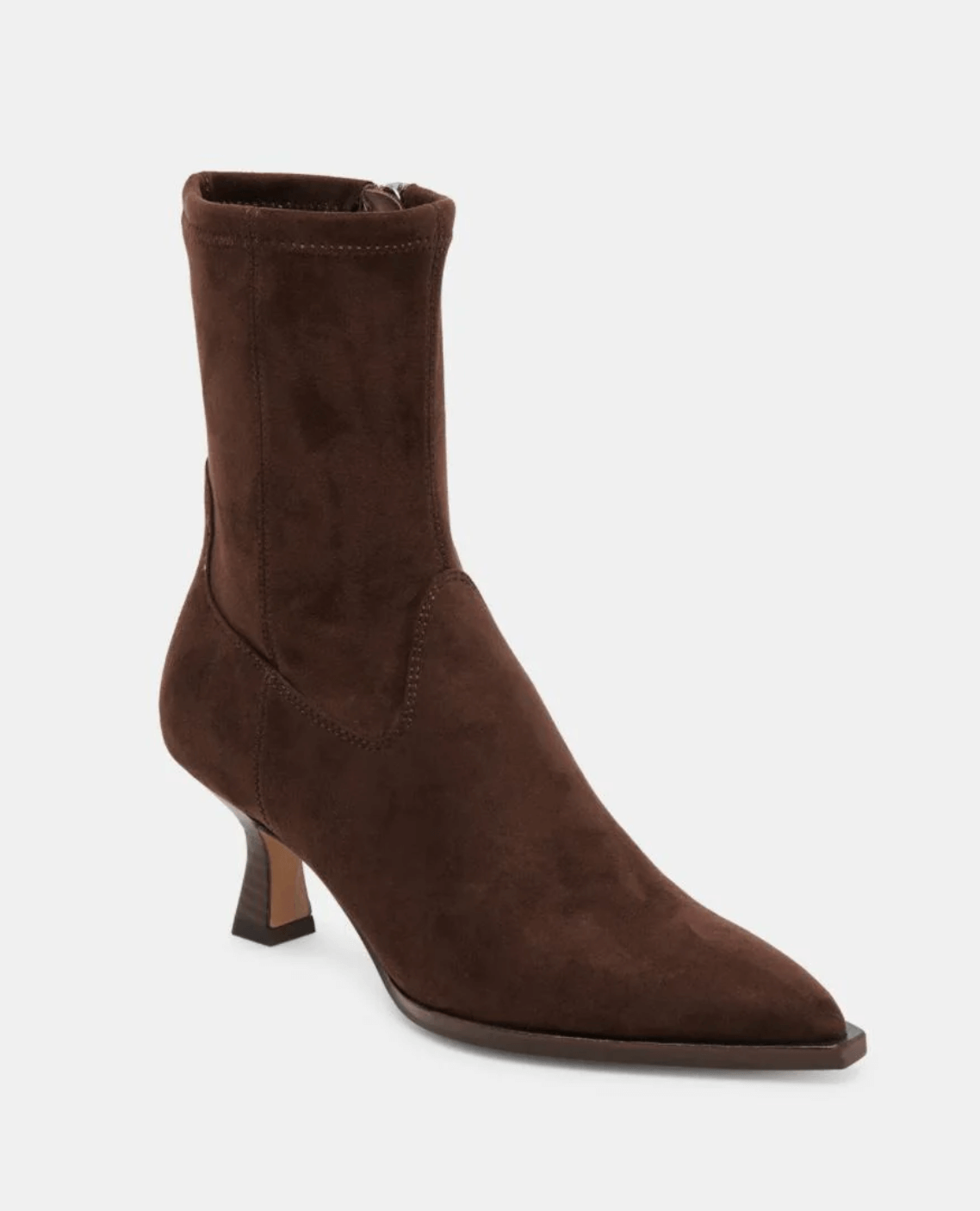 A brown, suede high-heeled ankle boot with a pointed toe and side zipper, set against a plain white background.