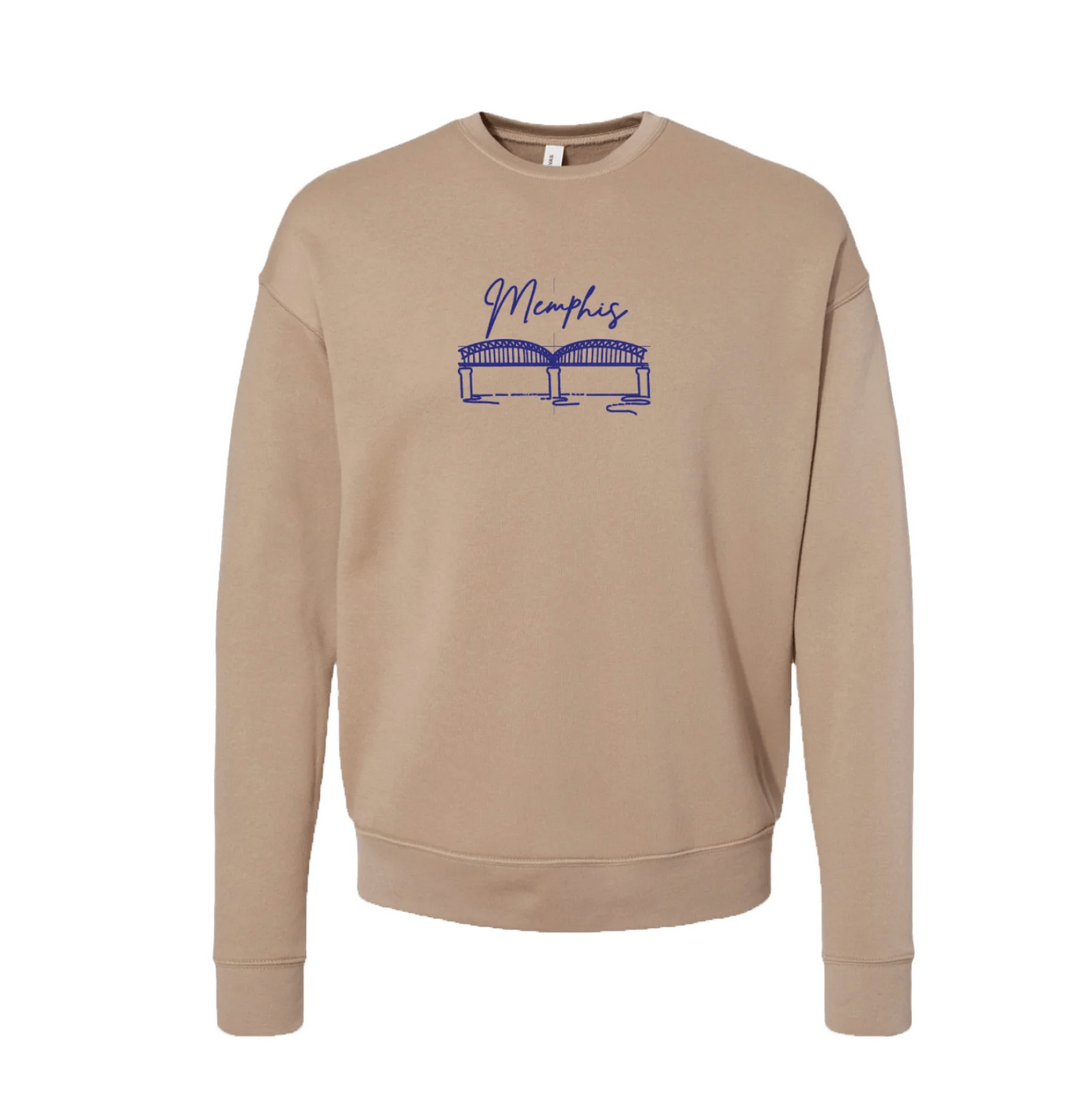 Tan sweatshirt with a minimalist illustration of a bridge and the word "Memphis" in blue on the front.