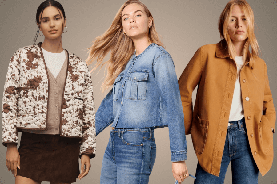 StyleBlueprint's 15 Most Popular Articles of 2025 - 8 Three women pose side by side in stylish fall jackets: a floral quilted design, a classic blue denim, and a chic tan button-up, all set against a plain background.