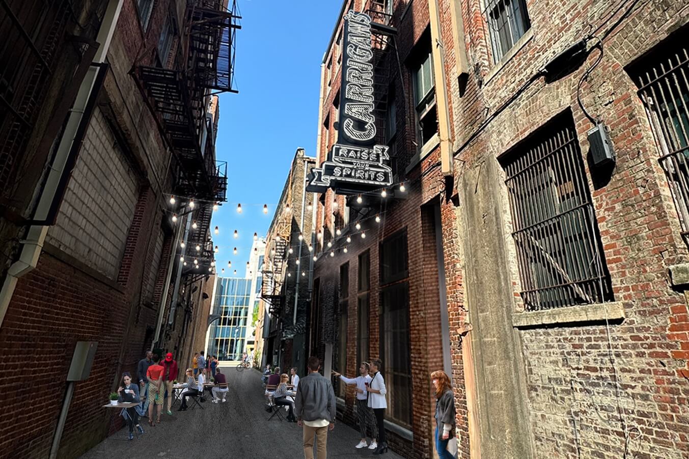 A narrow alley in BHAM buzzes with life as people dine at outdoor tables beneath string lights. A sign on the brick-lined walls reads "Carrigan's."
