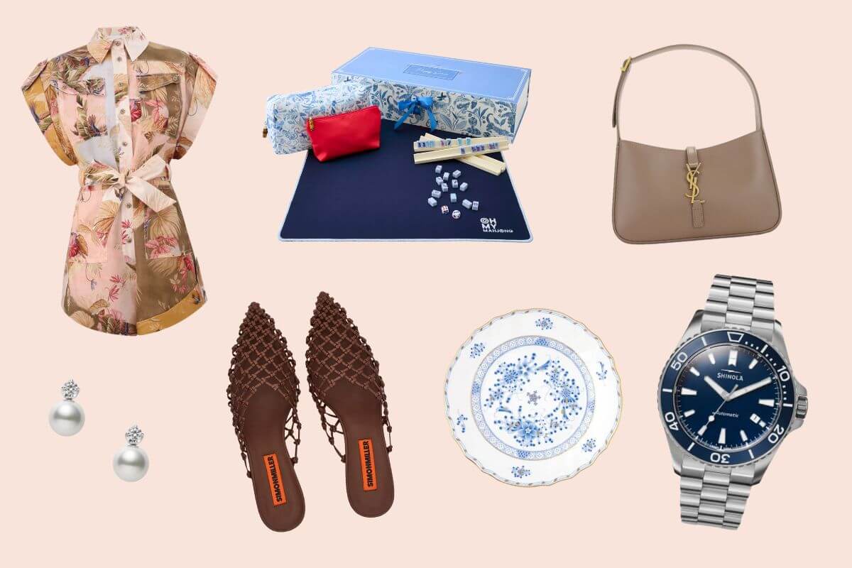 A collage featuring a floral shirt, pearl earrings, woven brown sandals, a blue and white plate, designer watch, beige purse, and a blue board game set—perfect inspiration for expensive gift ideas.