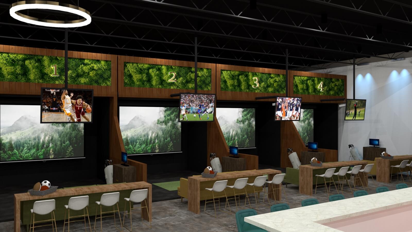 An indoor sports viewing area in BHAM features four TVs displaying different games, alongside greenery-themed decor and wooden accents. Enjoy the comfortable seating with desks and chairs in your virtual sports gaming bay. 