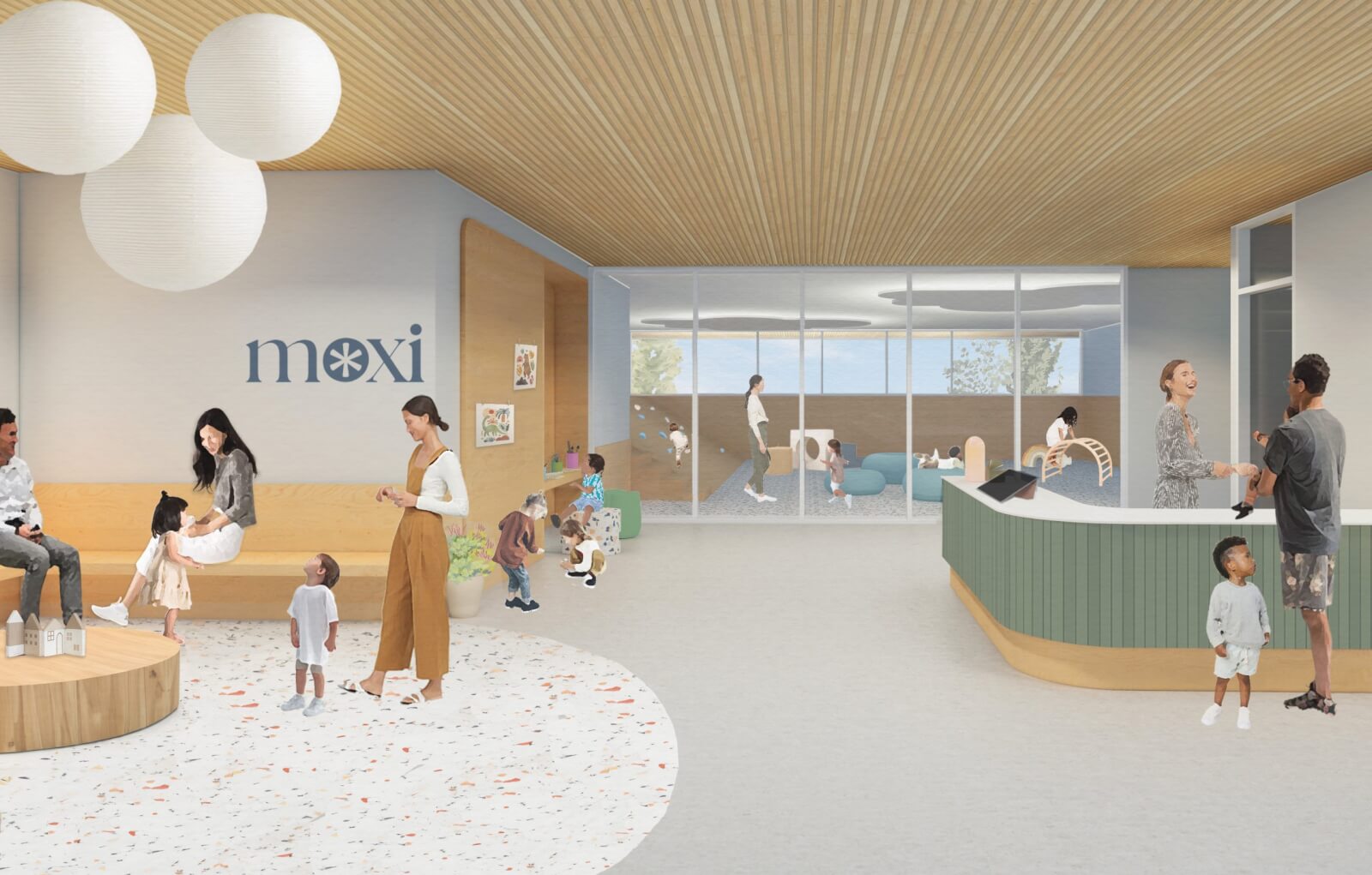 The modern lobby render of Moxi Childcare, marked by a curved reception desk and wooden ceiling, buzzes with people interacting beneath large spherical lights. A child play center is visible through glass panes in the background.