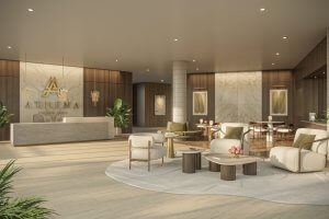 Modern hotel lobby on 31st Avenue in Nashville, featuring neutral tones, a reception desk, seating area with chairs and tables, potted plants, and wall decor labeled "Athena.