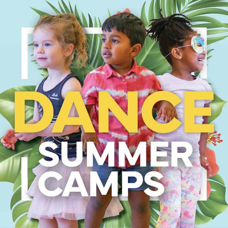 Three children stand in front of tropical leaves with the text "Dance Summer Camps" overlaid, capturing the vibrant spirit of Memphis summer camps.