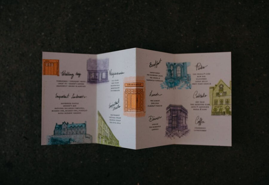A folded brochure on a dark surface, featuring illustrations and text in various colors, detailing intimate wedding events and picturesque locations in Edinburgh.