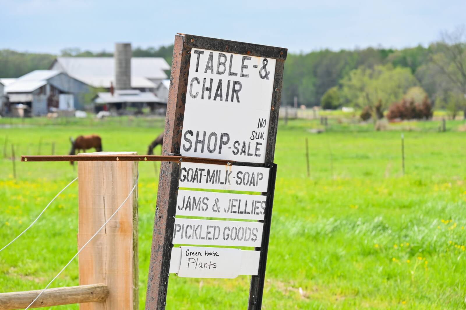 Rustic handmade sign in a green field advertising table & chair shop, goat milk soap, jams, jellies, pickled goods, and greenhouse plants. A barn and horse are visible in the background.